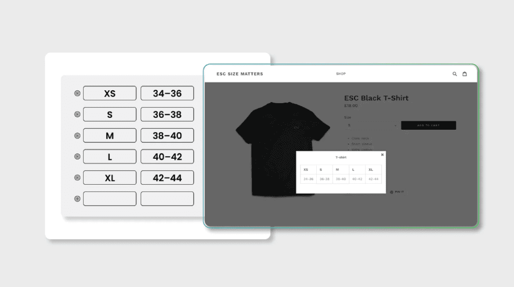 Screenshot of ESC - Size Charts & Size Guide product