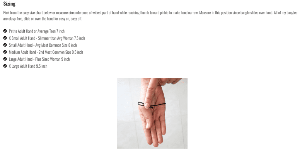 Screenshot from a website showing a photo of how to accurately measure for the right fit for a bracelet and written step by step instructions.