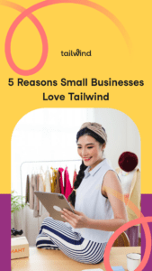 Woman with computer and clothing racks behind her with title of blog post and Tailwind in black letters. 