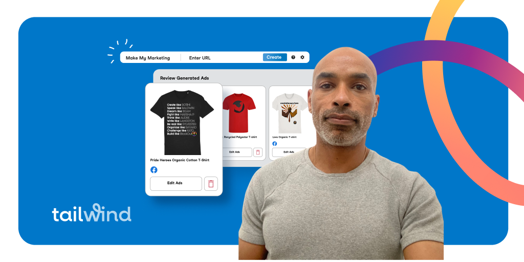 Photo of Unapologaytic founder with screenshot of products from his website on a blue background with the Tailwind logo