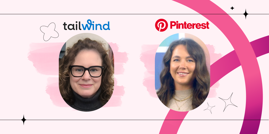 Headshots of Susan Moeller of Tailwind and Madison Smith of Pinterest with the Tailwind and Pinterest logos on a pink background.