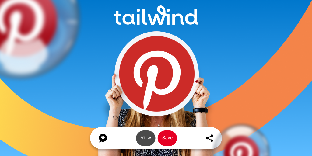 Image of a woman holding up the Pinterest logo on a blue background with the Tailwind logo.