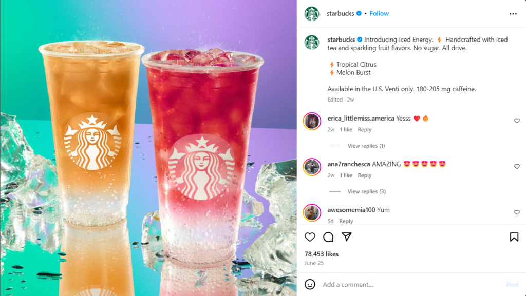 Screenshot of Instagram post from Starbucks's account showing two new Iced Energy drinks.