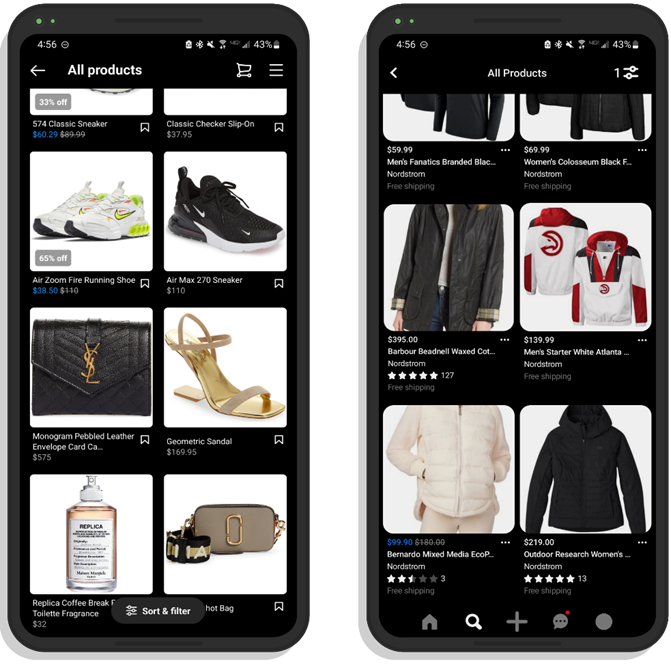 Two images of smartphone screens showing thumbnails of products from Nordstrom