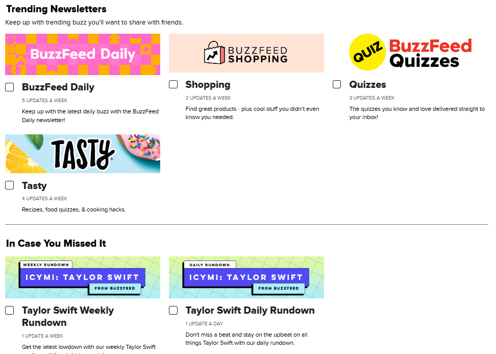 Screenshot of Buzzfeed's newsletter options