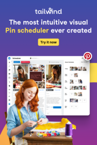 A woman handmaking lace with overlays of screenshots showing a variety of Pins being scheduled by Tailwind's Pin Scheduler on a magenta and purple gradient background with the text "The most intuitive visual Pin scheduler ever created" and Tailwind and Pinterest logos.